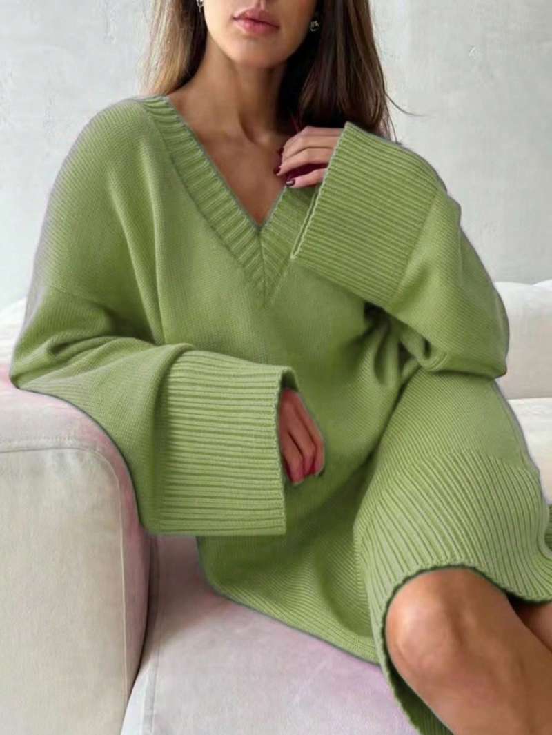 Winter Clothing Plus Size - Plus-Size Damen Einfarbiges Strickkleid mit V-Ausschnitt,
